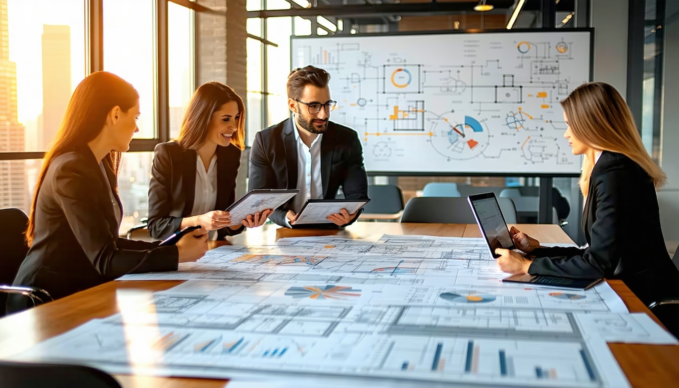 The image depicts a modern office environment with architectural blueprints and engineering plans spread across a sleek conference table In the foreground a diverse group of professionalstwo men and two womenare engaged in a focused discussion each h