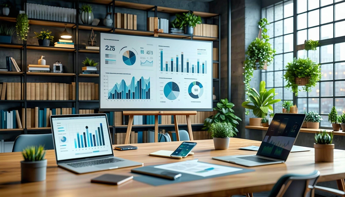 The image features a trendy architecture office A large screen displays financial graphs and charts indicating growth and valuation metrics while a flip chart stands nearby filled with strategic notes and diagrams A handful of architects stand around-2