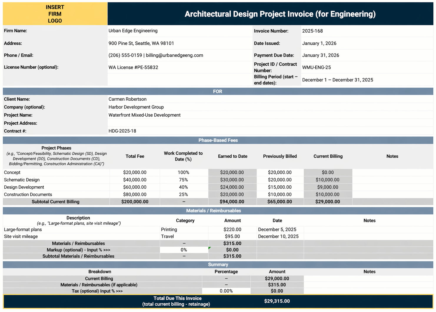 Architectural Design Project Invoice Template (for Engineering)