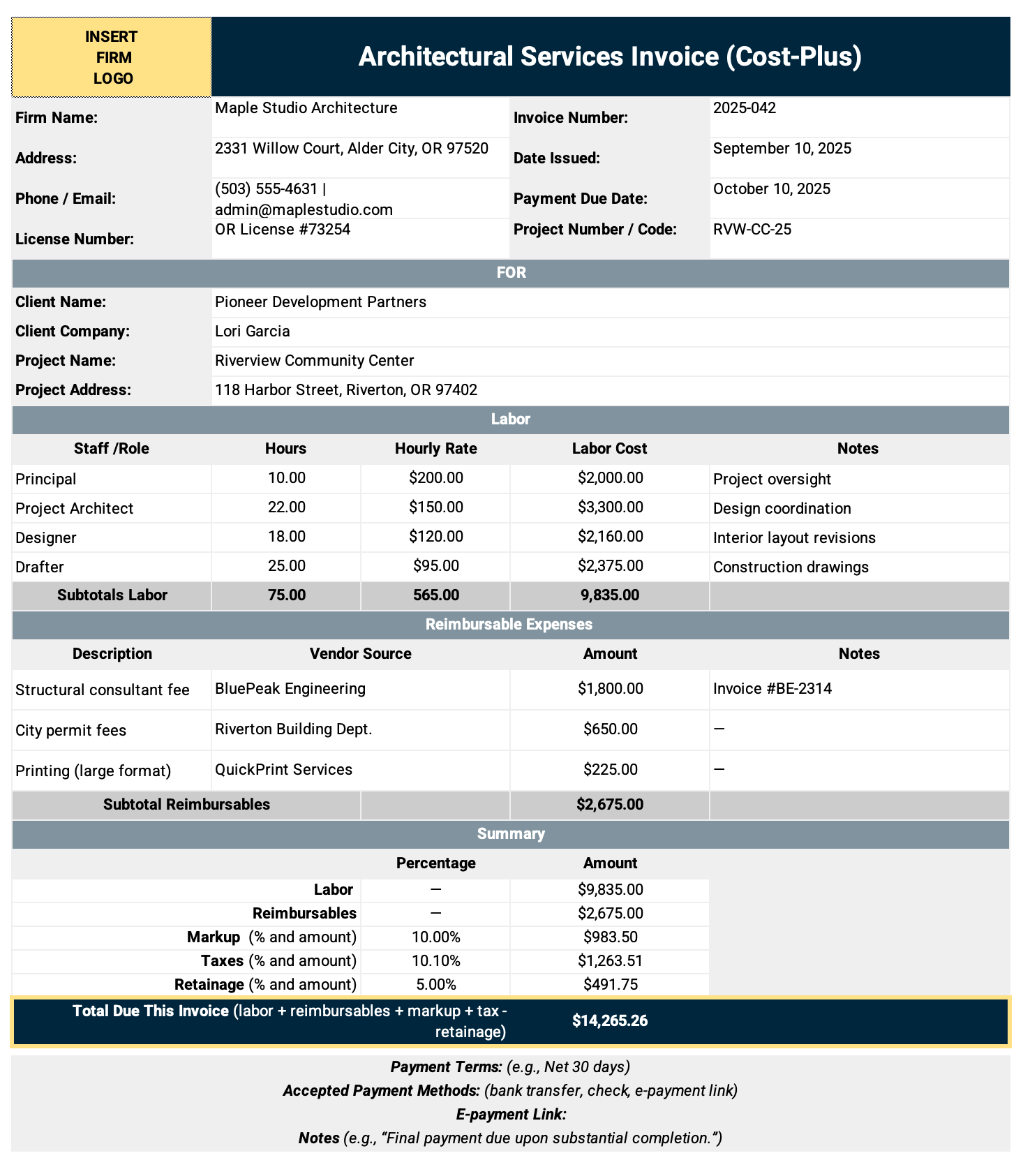 BQE Architect Cost-Plus Invoice Template