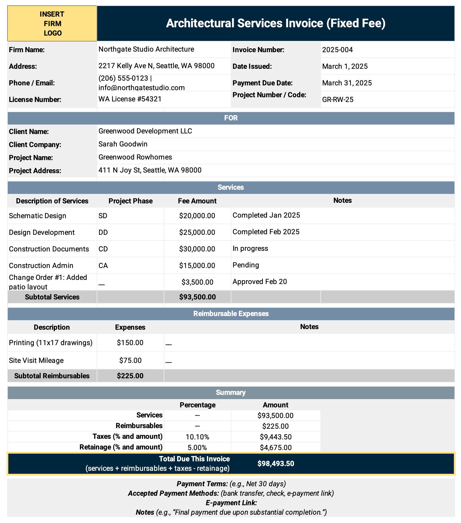 Example of a lump sum architectural services invoice.