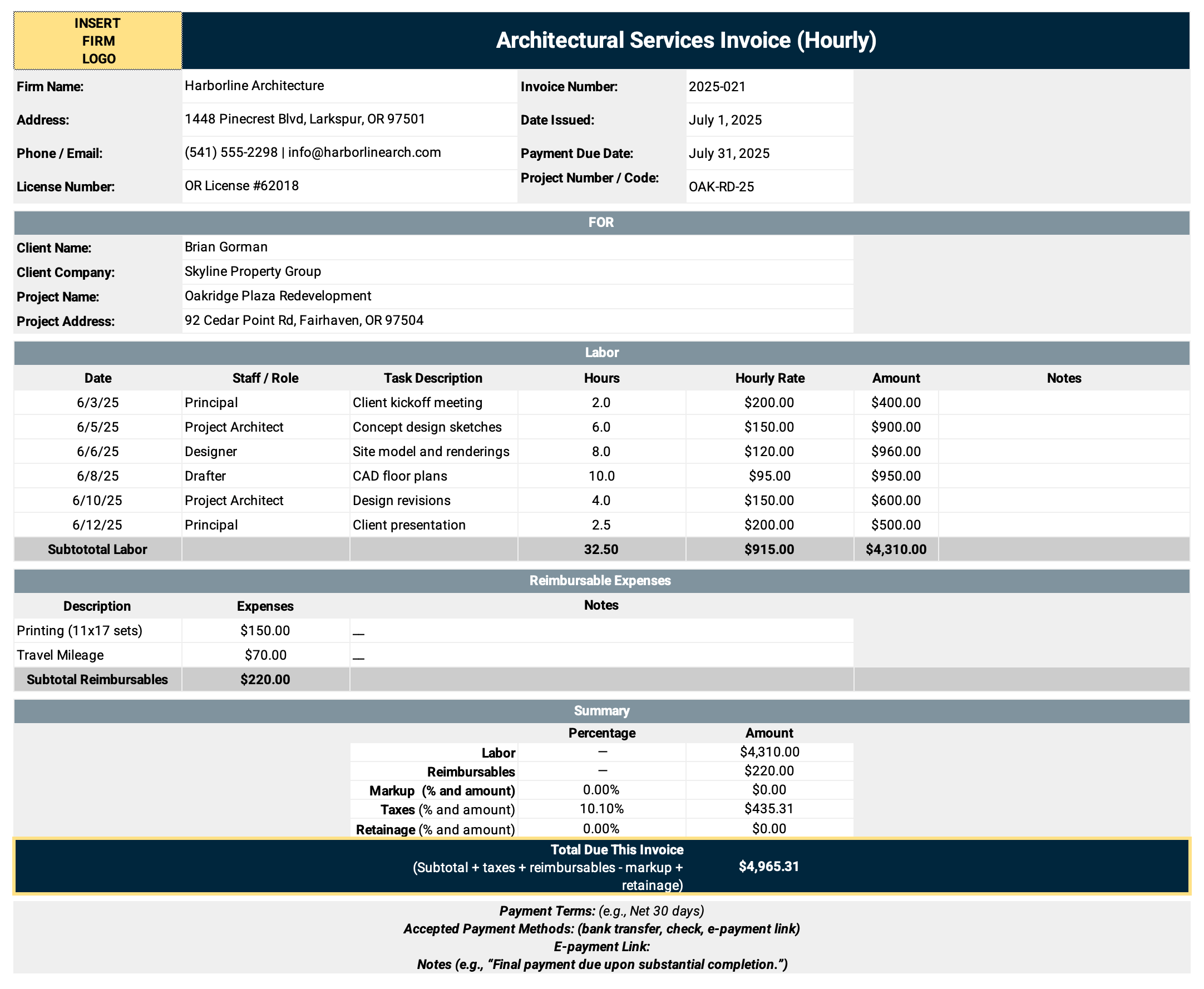BQE Architect Hourly Billing Template
