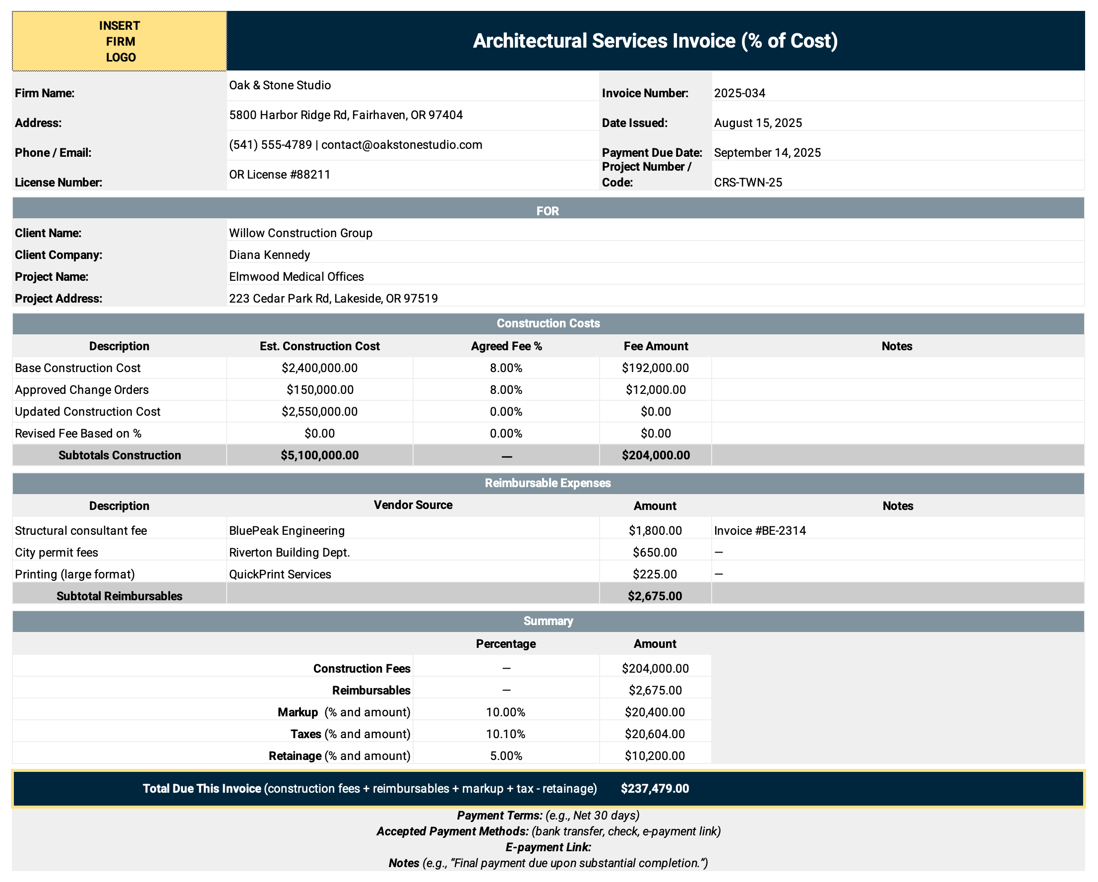 BQE Architect Percentage of Cost Invoice Template