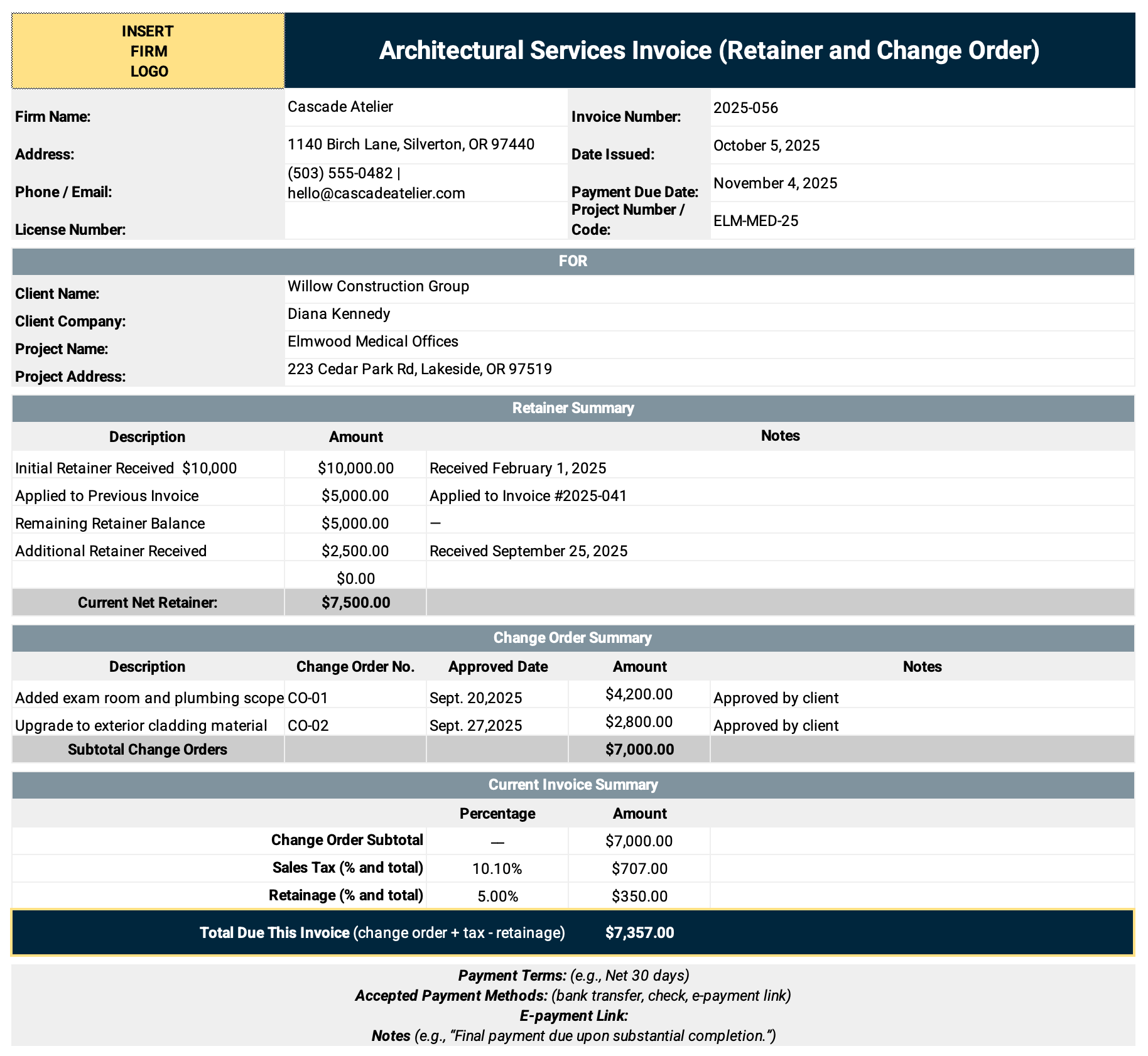 BQE Architect Retainer and Change Order Invoice Template