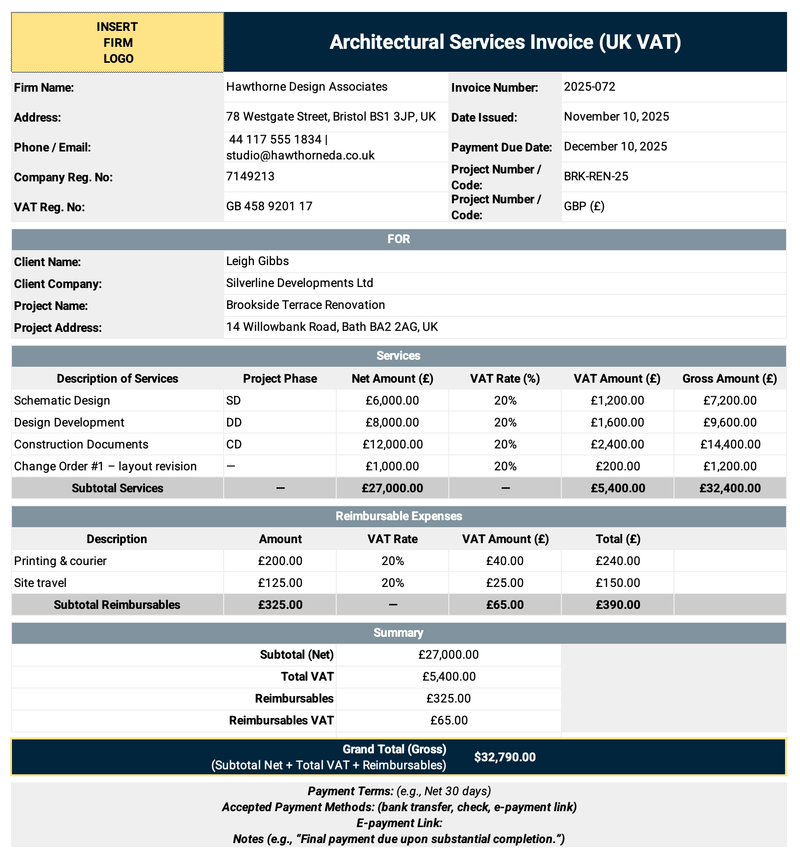BQE Architect UK VAT Billing Template
