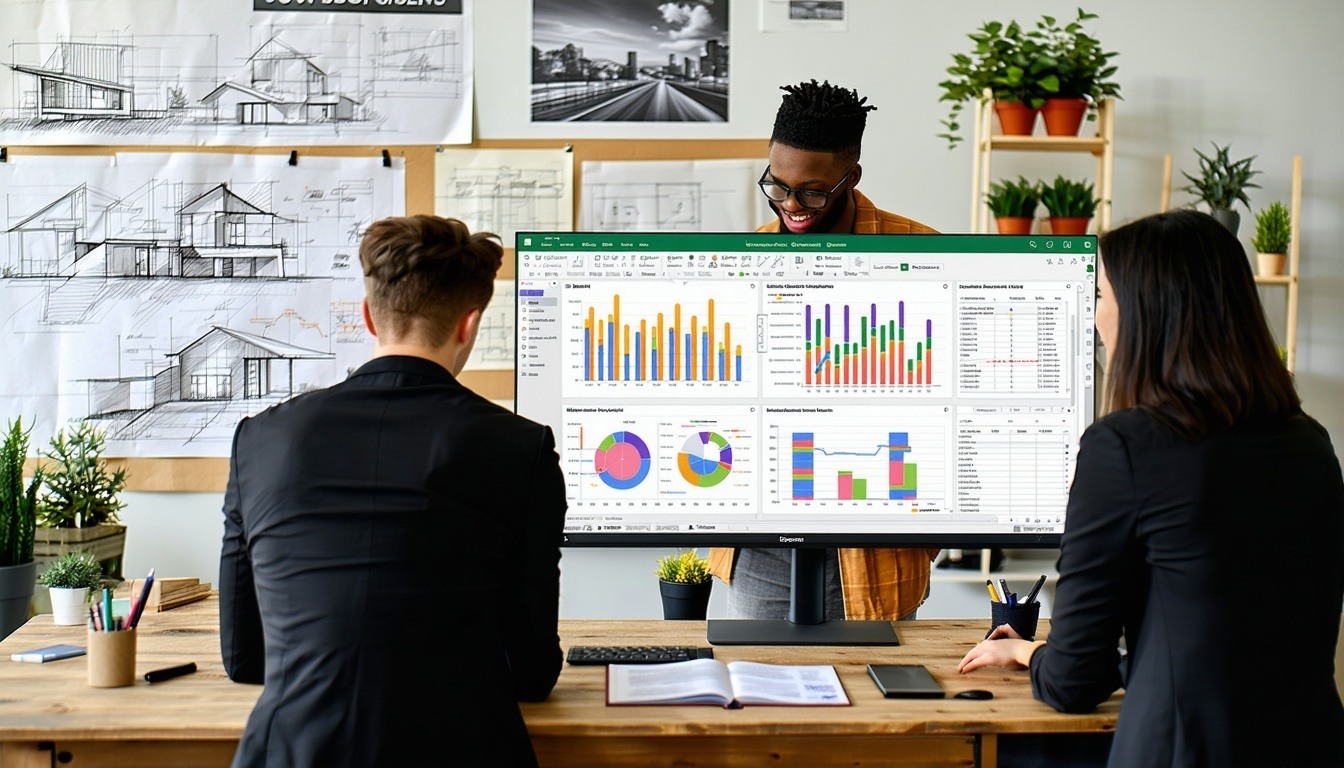 The image features a creative workspace with architectural sketches drawings and models on pin boards along the walls People dressed in black are wor