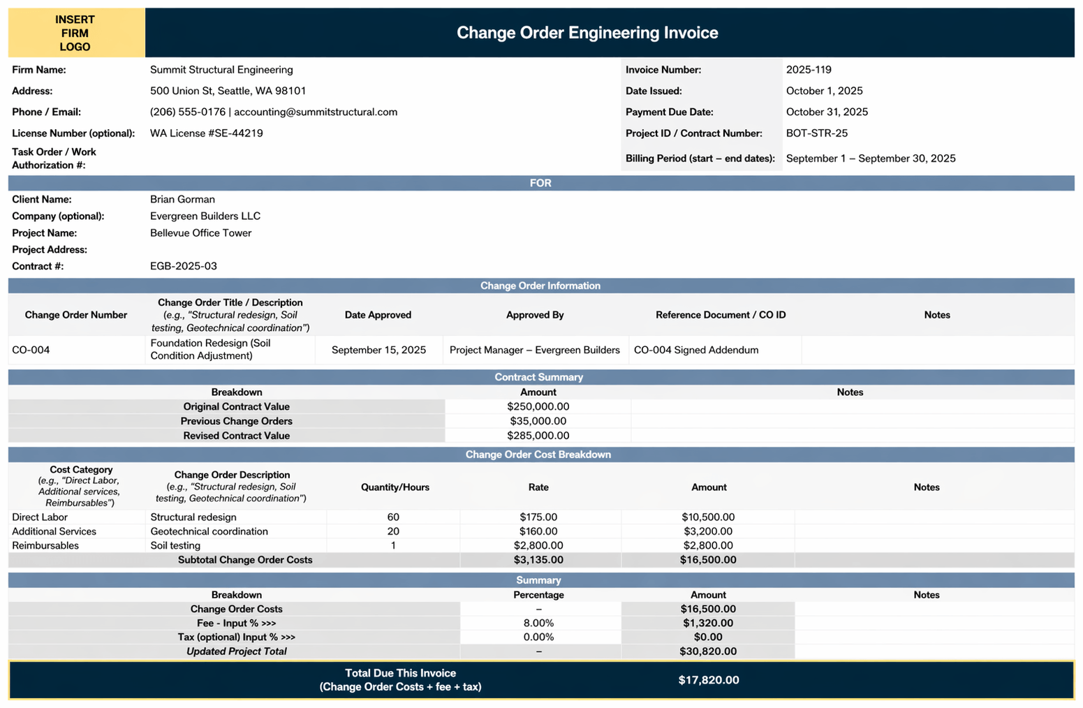 Change Order Engineering Invoice Template