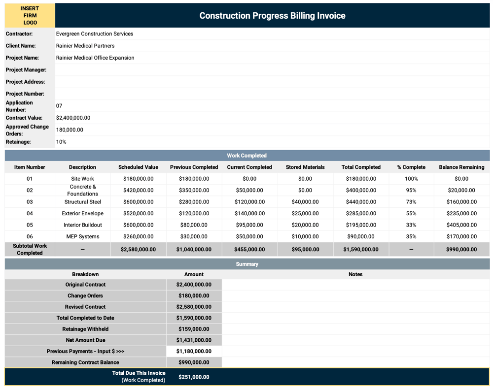 Construction Progress Billing Invoice Template