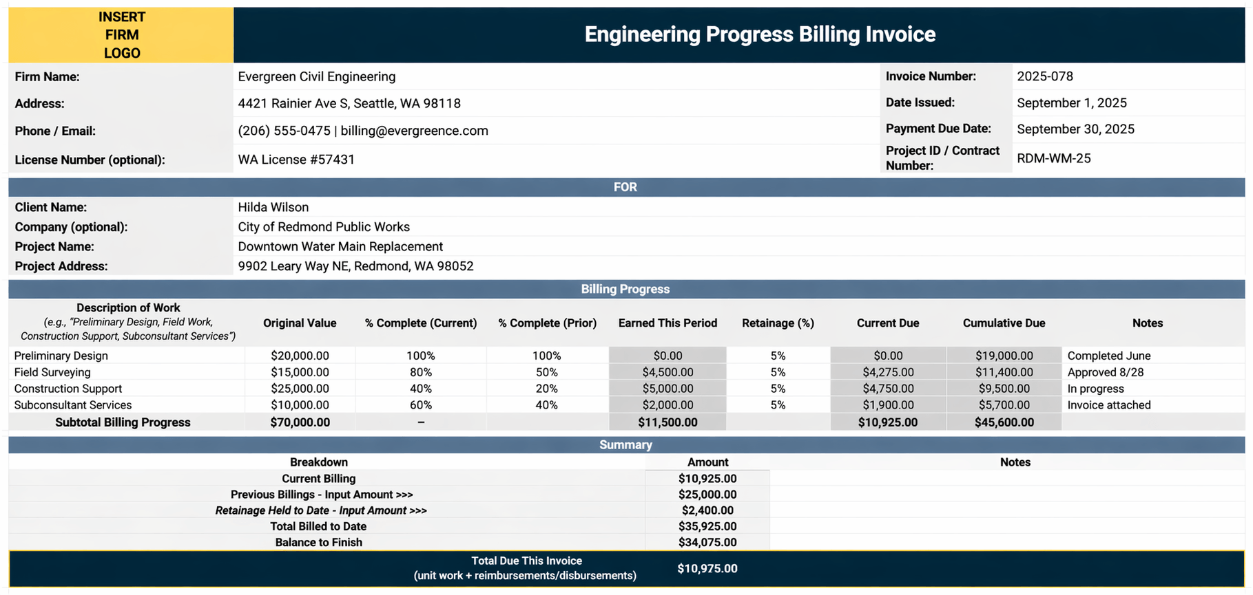 Engineering Progress Billing Invoice Template