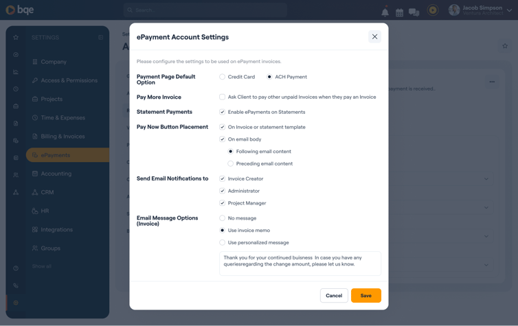 Epayments Account Settings