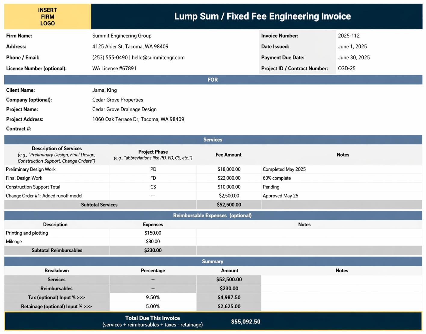 Lump-Sum Fixed Fee Engineering Invoice Template