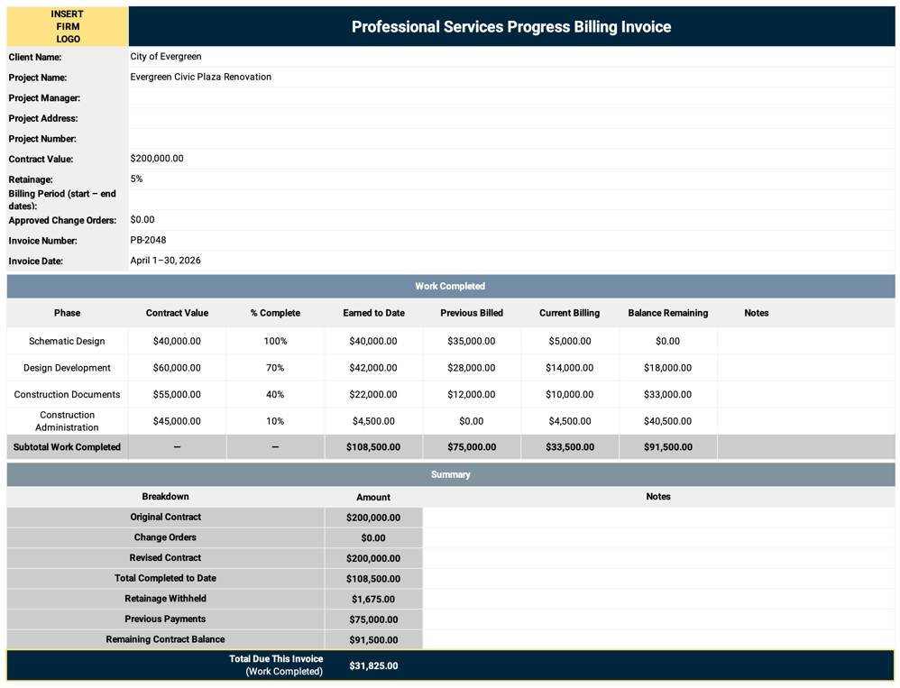 Professional Services Progress Billing Invoice Template