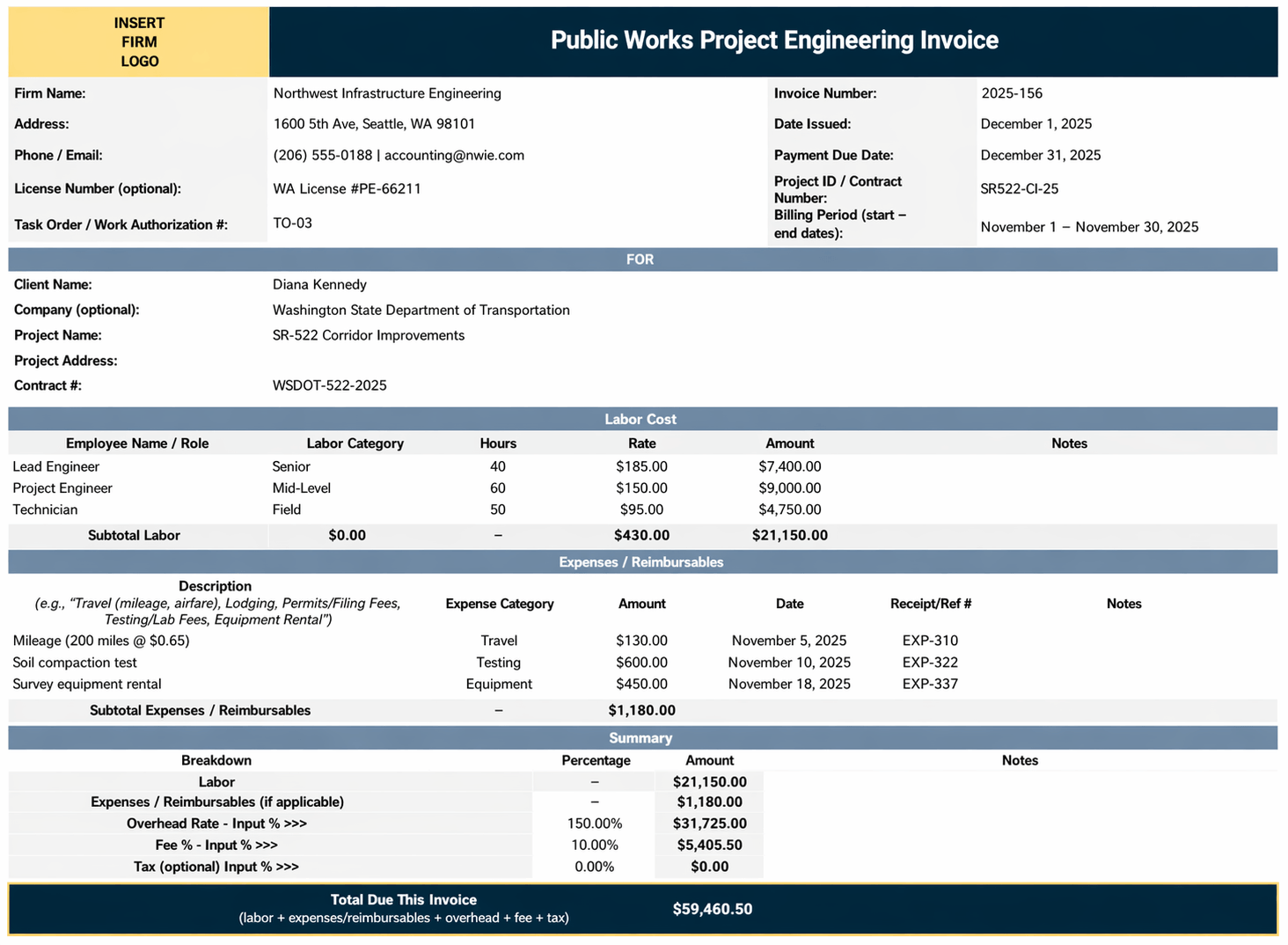 Public Works Project Engineering Invoice Template