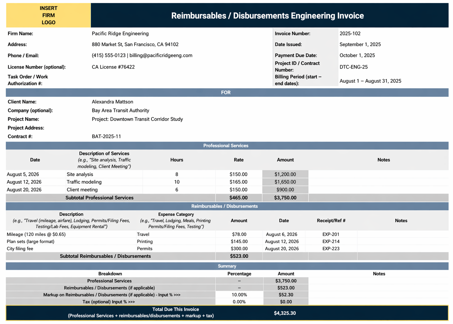 Reimbursables Disbursements Engineering Invoice Template