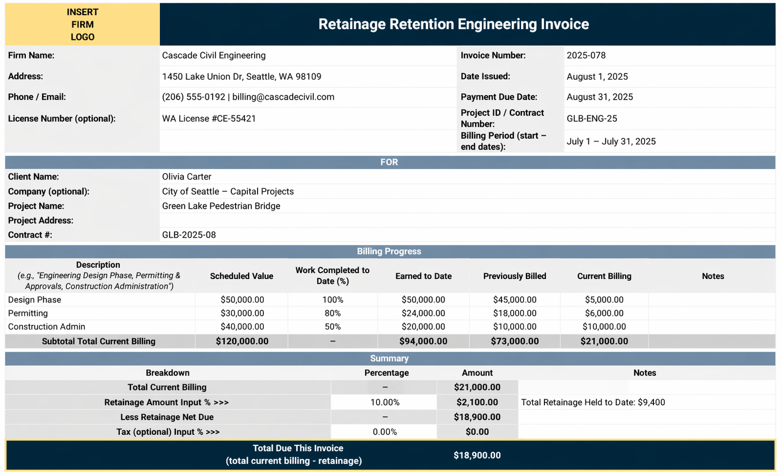 Retainage Retention Engineering Invoice Template