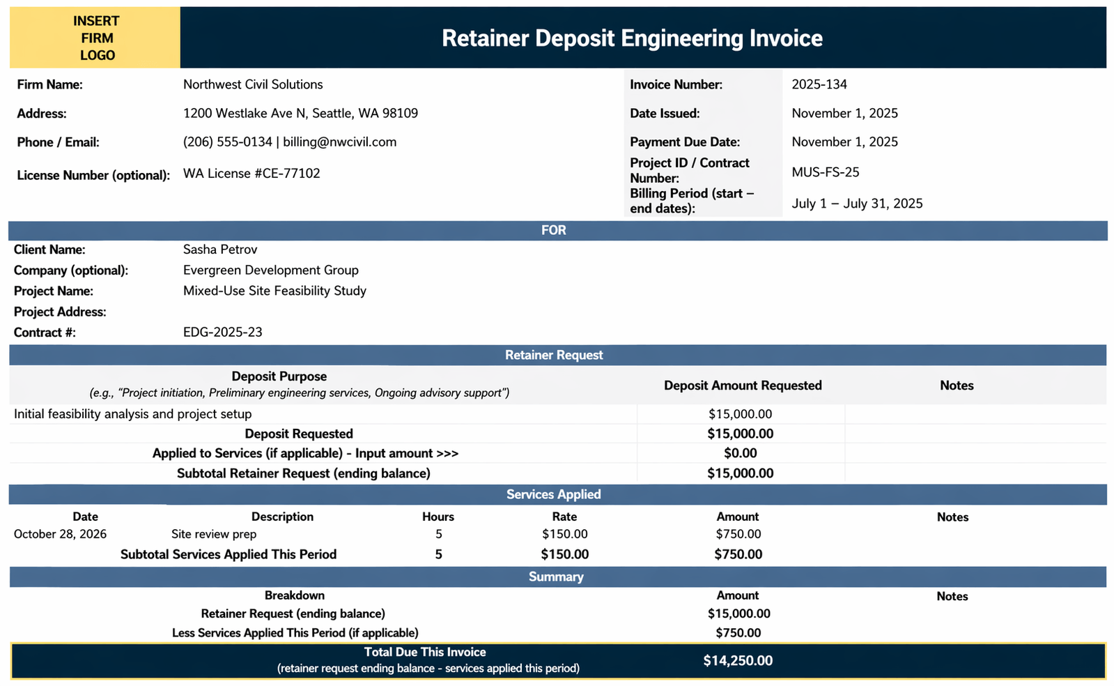 Retainer Deposit Engineering Invoice Template