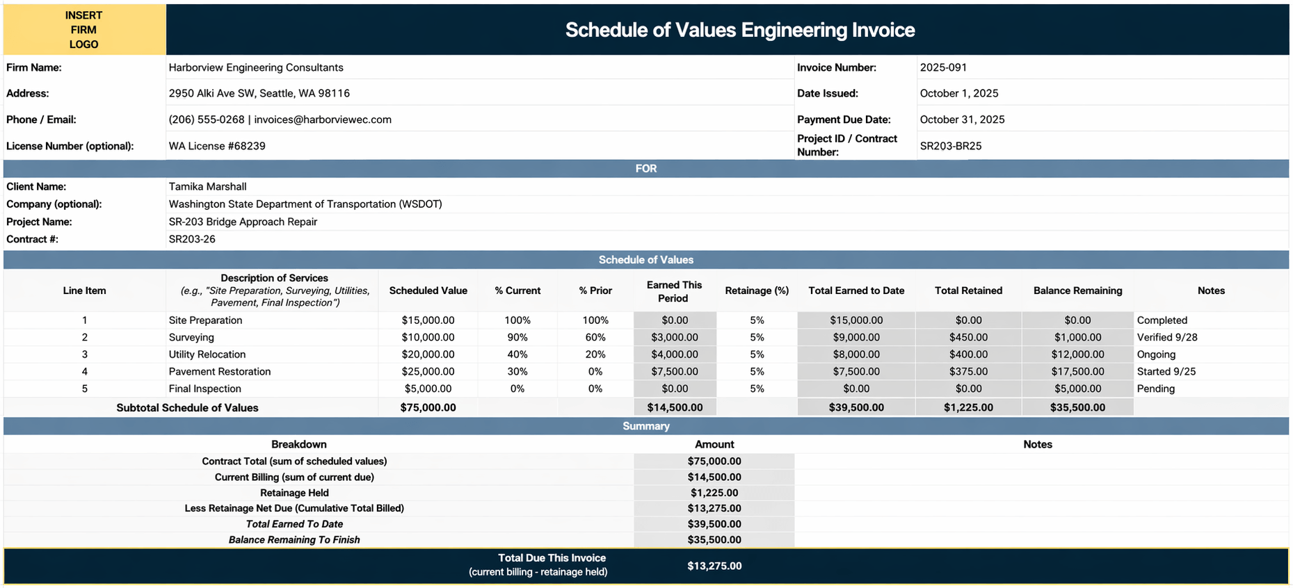 Schedule of Values Engineering Invoice Template