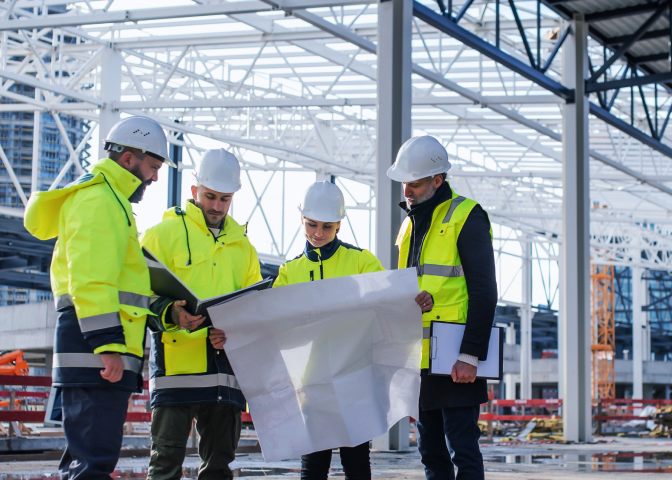 Engineers on site looking at plans outside