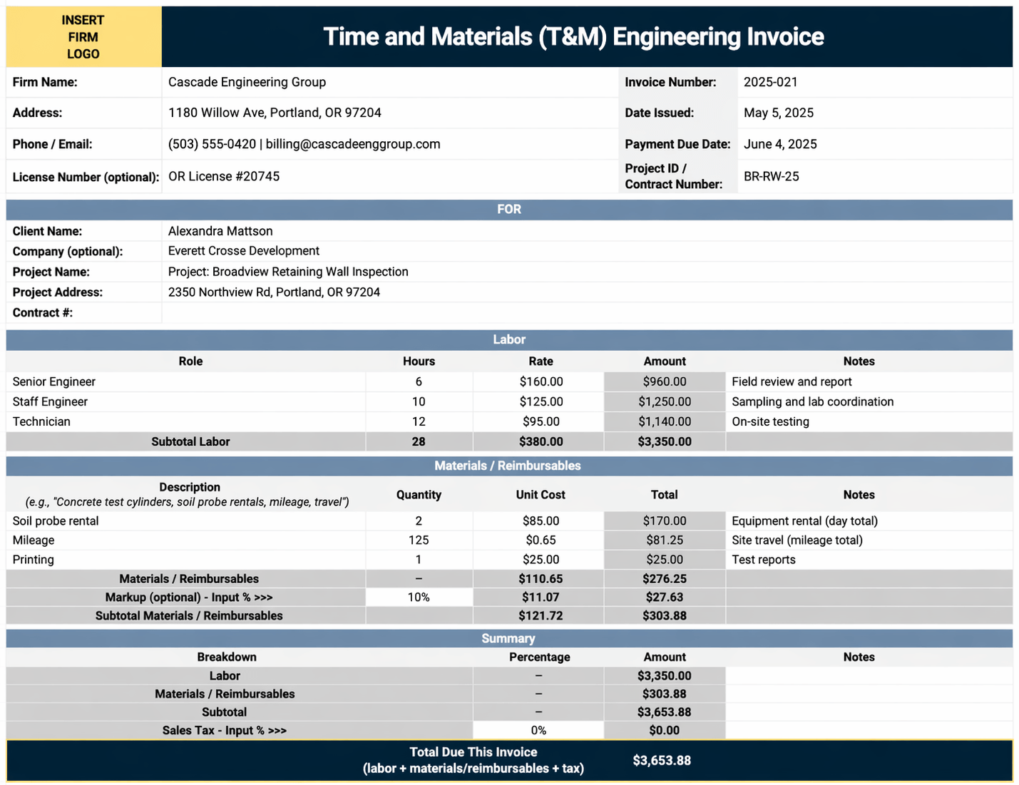 Time and Materials (T&M) Engineering Invoice Template