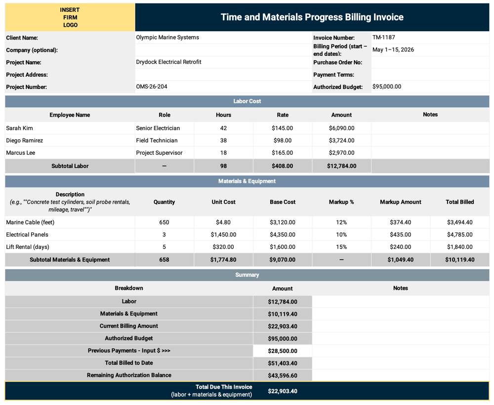Time and Materials Progress Billing Invoice Template